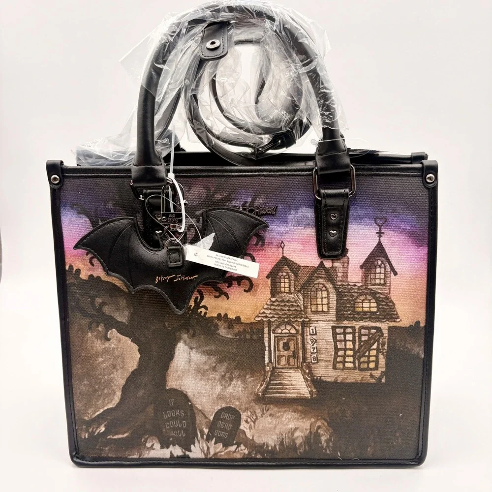 Betsey Johnson Haunted House Tote Bag Bat Charm Halloween Satchel Crossbody NEW